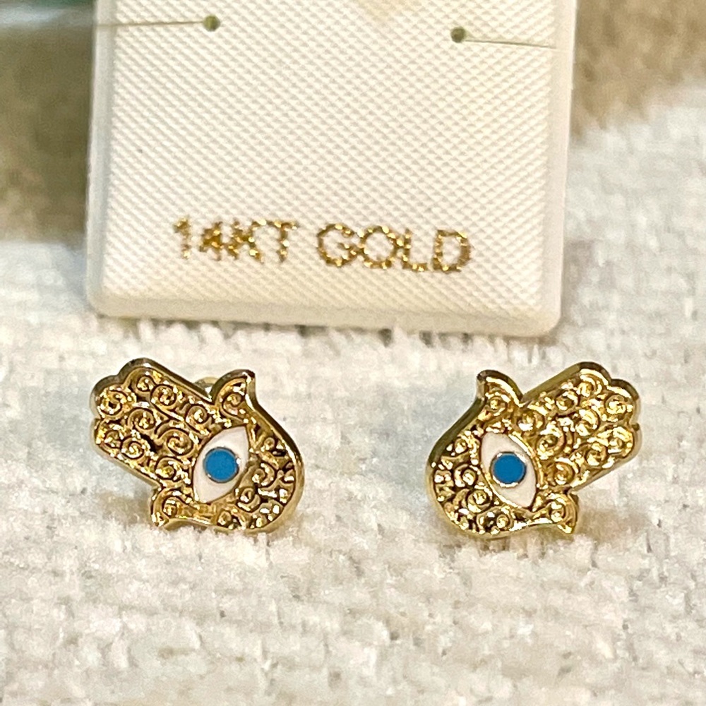 Solid Yellow Gold 14 Karat Hamsa Blue Earring